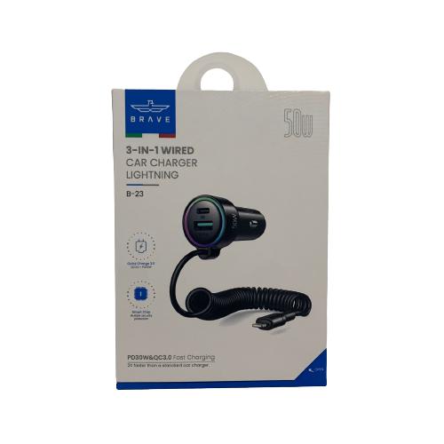Brave 3 in 1 Wired Car Charger Lightning B-23 - Black